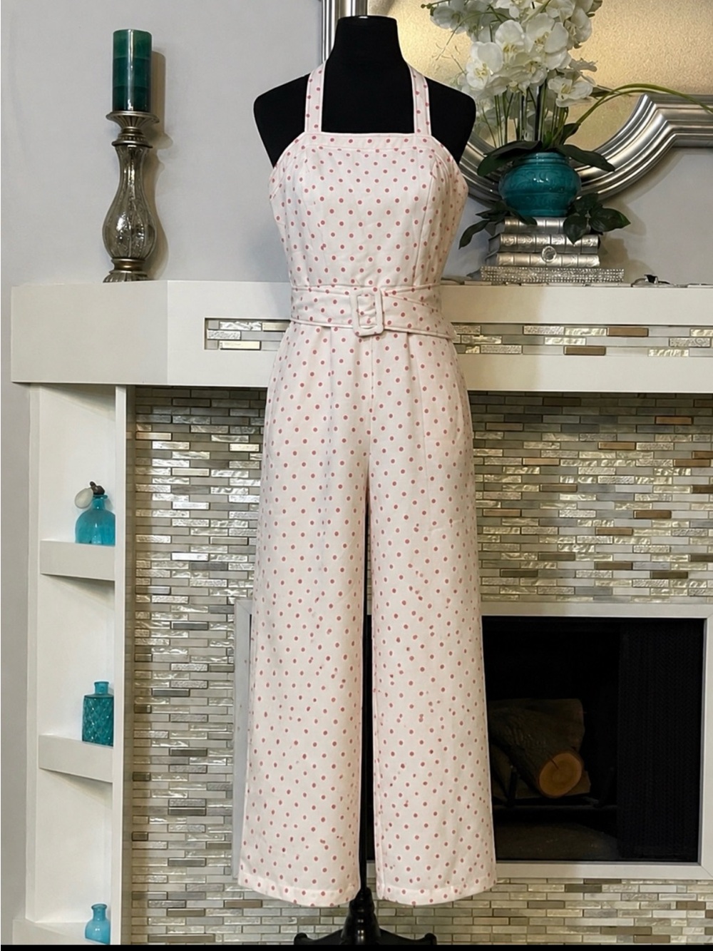 Gianni Bini Polka Dot Halter wide leg backless jumpsuit with Belt size S